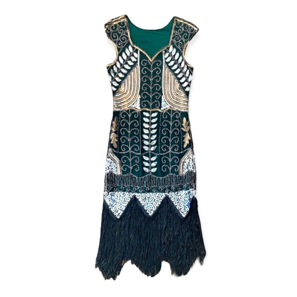 Vintage Beaded Flapper Fringe Dress size women’s small - green silver gold